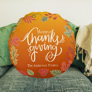 Family Name Modern Autumn Fall Happy Thanksgiving Round Pillow
