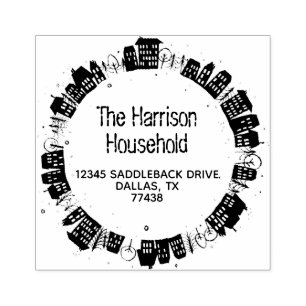 Family Name Modern Houses Wreath Return Address Rubber Stamp