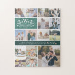 Family Name Monogram | 15 Photo Collage Jigsaw Puzzle<br><div class="desc">Customize this unique puzzle with 15 square photos arranged in a grid collage layout, featuring initial monogram, family name and lovely quote. Keep the quote as is or change to your custom caption. All colours can be changed including the "greenery" banner that showcases your family name and monogram. Display your...</div>