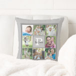 Family Name Monogram 8 Photo Collage Grey Throw Pillow<br><div class="desc">Display eight of your favourite photos with your family name in an editable script font as an overlay of your monogram against a changeable solid grey background colour on the front and back you can customize to coordinate with your home decor or a favourite colour. PHOTO TIP: Choose photos with...</div>