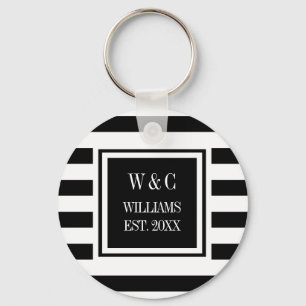 Family Name Monogram Black White Stripe Keychain