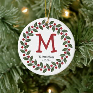Family Name Monogram Christmas Wreath Ceramic Ornament