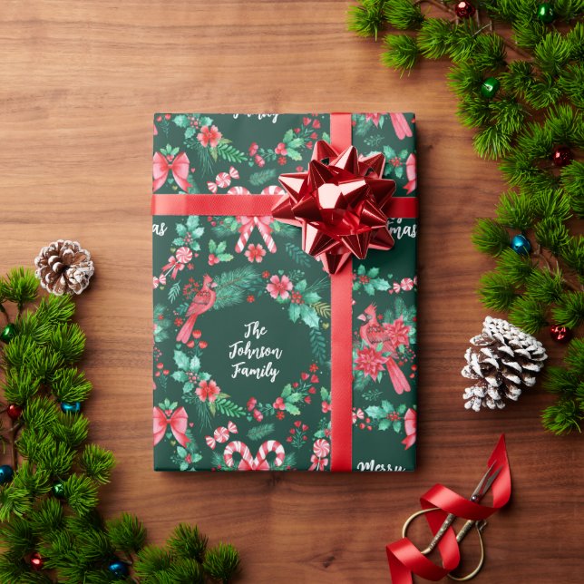 Family Name Monogram Christmas Wreath Watercolor Wrapping Paper (Holiday Gift)