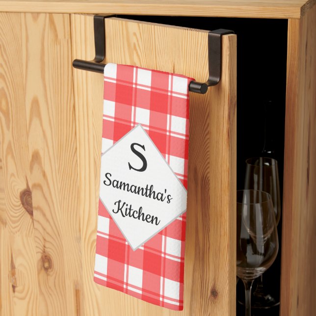Family Name Monogram Custom Red White Retro Plaid Kitchen Towel (Thirds Fold)