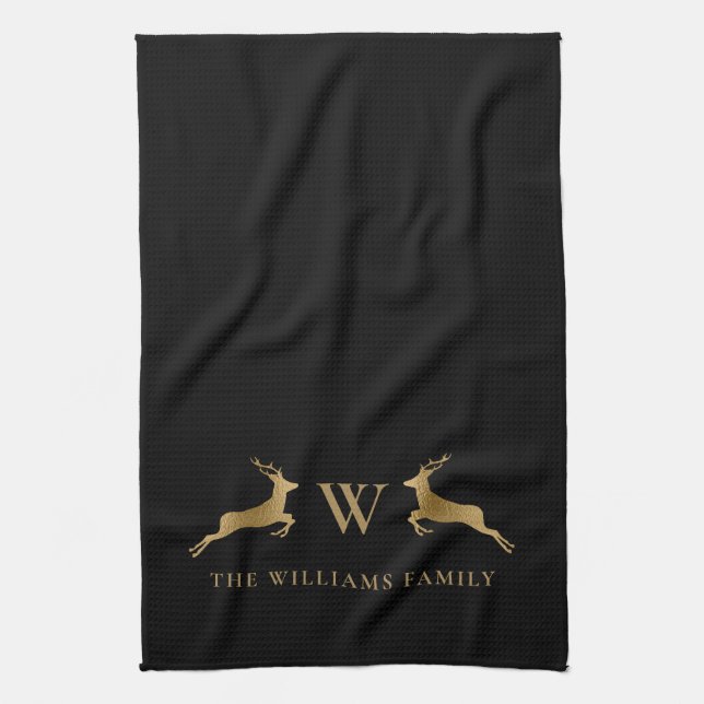 Family Name Monogram Gold Deer Black Kitchen Towel (Vertical)