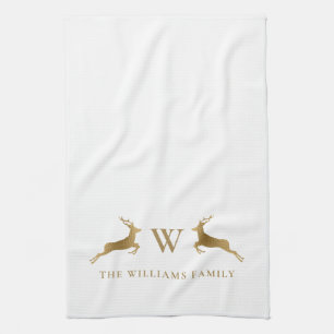 Family Name Monogram Gold Deer Kitchen Towel