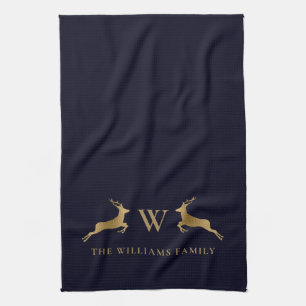 Family Name Monogram Gold Deer Midnight Navy Kitchen Towel