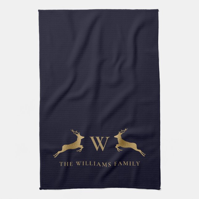 Family Name Monogram Gold Deer Midnight Navy Kitchen Towel (Vertical)