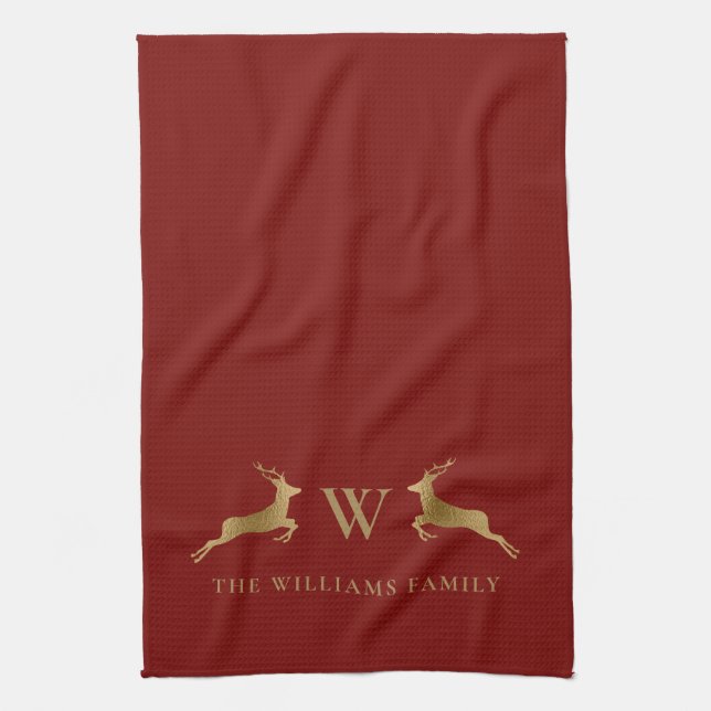 Family Name Monogram Gold Deer Red Kitchen Towel (Vertical)