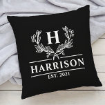 Family Name Monogram Laurel Year Established Black Throw Pillow<br><div class="desc">Add a touch of elegance to your home decor with our personalized monogram family name throw pillow featuring a beautiful laurel design. The pillow is customized with your family name and a personalized year established text, making it a perfect addition to your living room or bedroom. Made with high-quality materials,...</div>