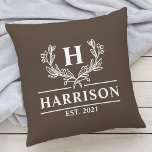 Family Name Monogram Laurel Year Established Brown Throw Pillow<br><div class="desc">Family Name Monogram Laurel Year Established Brown Throw Pillow. Personalize this custom design with your own monogrammed initial,  family name and year established.</div>