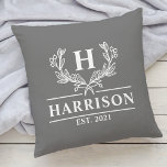 Family Name Monogram Laurel Year Established Grey Throw Pillow<br><div class="desc">Family Name Monogram Laurel Year Established Grey Throw Pillow. Personalize this custom design with your own monogrammed initial,  family name and year established.</div>