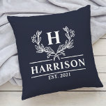 Family Name Monogram Laurel Year Established Navy Throw Pillow<br><div class="desc">Add a touch of elegance to your home decor with our personalized monogram family name throw pillow featuring a beautiful laurel design. The pillow is customized with your family name and a personalized year established text, making it a perfect addition to your living room or bedroom. Made with high-quality materials,...</div>