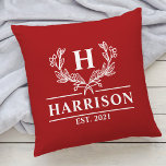 Family Name Monogram Laurel Year Established Red Throw Pillow<br><div class="desc">Family Name Monogram Laurel Year Established Red Throw Pillow. Personalize this custom design with your own monogrammed initial,  family name and year established.</div>