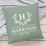 Family Name Monogram Laurel Year Established Sage Throw Pillow<br><div class="desc">Family Name Monogram Laurel Year Established Sage Throw Pillow. Personalize this custom design with your own monogrammed initial,  family name and year established.</div>