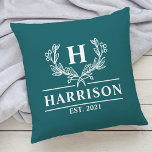 Family Name Monogram Laurel Year Established Teal Throw Pillow<br><div class="desc">Family Name Monogram Laurel Year Established Dark Teal Throw Pillow. Personalize this custom design with your own monogrammed initial,  family name and year established.</div>