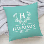 Family Name Monogram Laurel Year Established Teal  Throw Pillow<br><div class="desc">Family Name Monogram Laurel Year Established Light Teal Throw Pillow. Personalize this custom design with your own monogrammed initial,  family name and year established.</div>