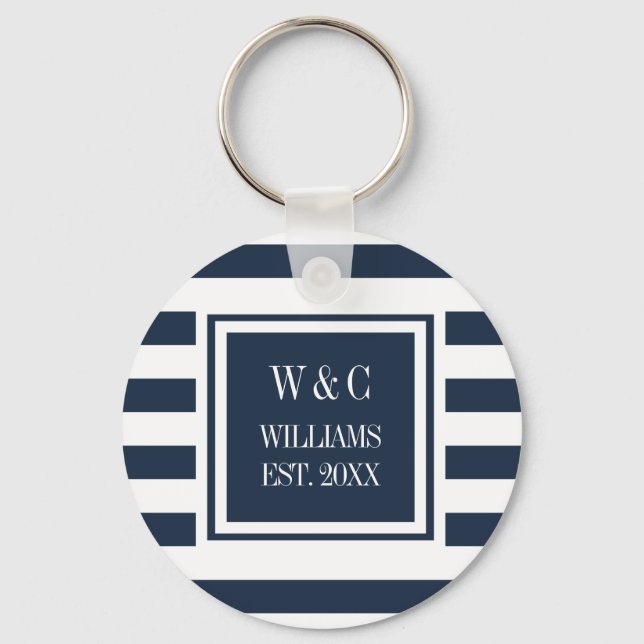 Family Name Monogram Navy Blue White Stripe Keychain (Front)