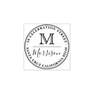 Family Name & Monogram Round Border Return Address Rubber Stamp