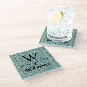 Family Name Monogram Rustic Blue Wood  Glass Coaster