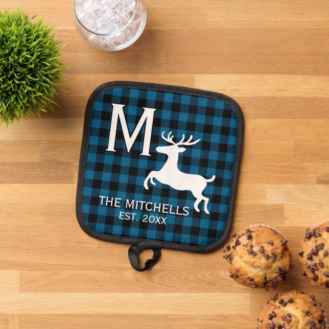 Family Name Monogram Rustic Deer Silhouette Pot Holder (Top Down)