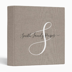 Family Name Monogram White Script  Faux Linen  Binder