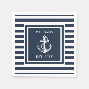 Family Name Nautical Anchor Boat Navy Blue Stripe Napkin