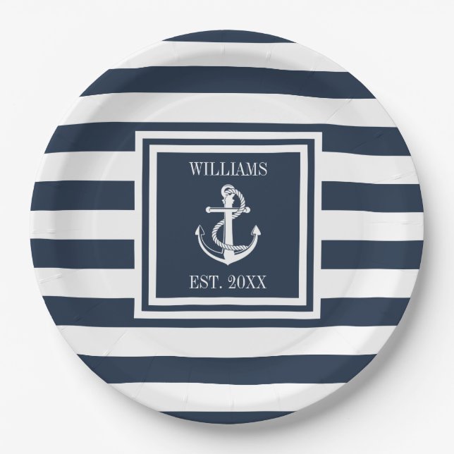 Family Name Nautical Anchor Boat Navy Blue Stripe Paper Plate (Front)