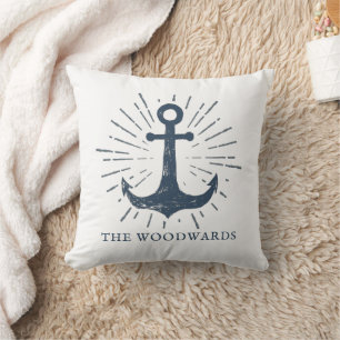 Family Name Nautical Anchor Navy Blue Throw Pillow
