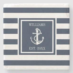 Family Name Nautical Boat Anchor Navy Blue Stripe Stone Coaster