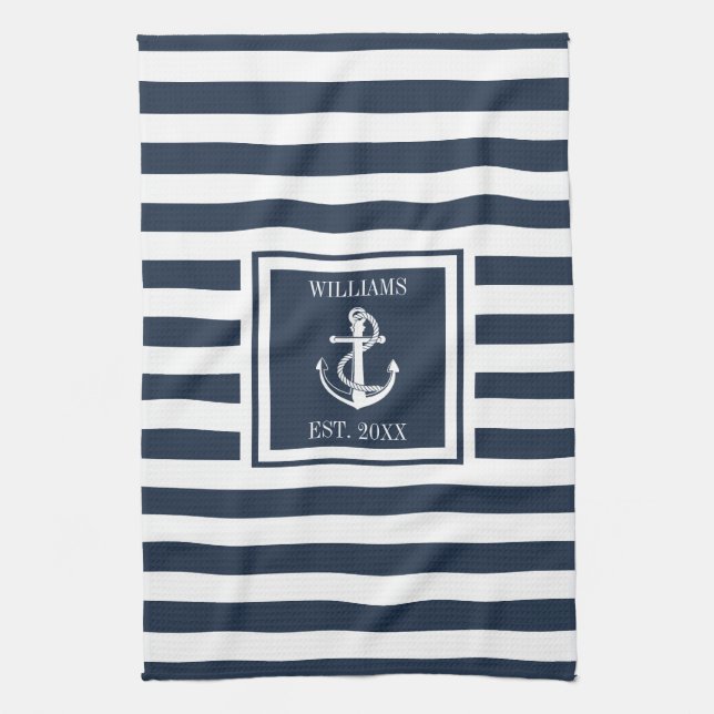 Family Name Navy Blue Stripe Nautical Anchor Boat Kitchen Towel (Vertical)