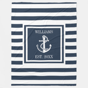 Family Name Navy Blue Striped Nautical Anchor Boat Fleece Blanket