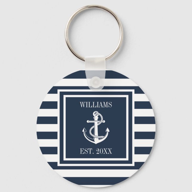 Family Name Navy Blue Striped Nautical Boat Anchor Keychain (Front)