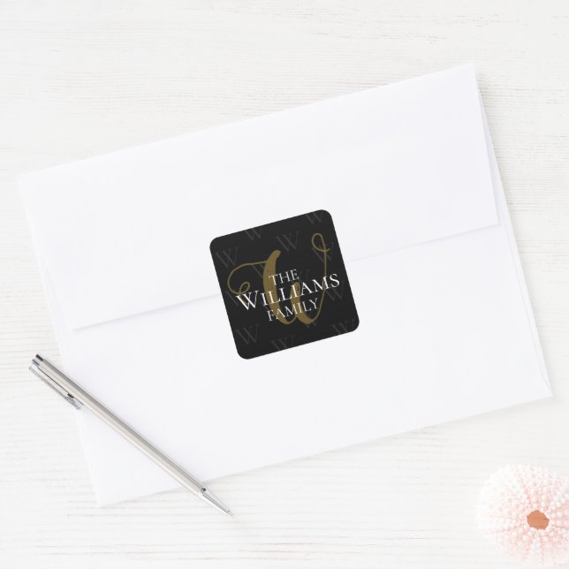 Family Name on Black  Square Sticker (Envelope)