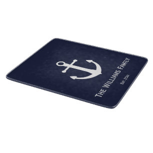 Family Name on Nautical Blue and White Cutting Board