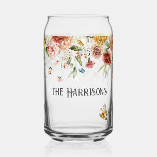 Family Name on Red Gold Peonies Floral Drop  Can Glass