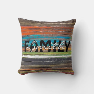 family name on wood stripes throw pillow