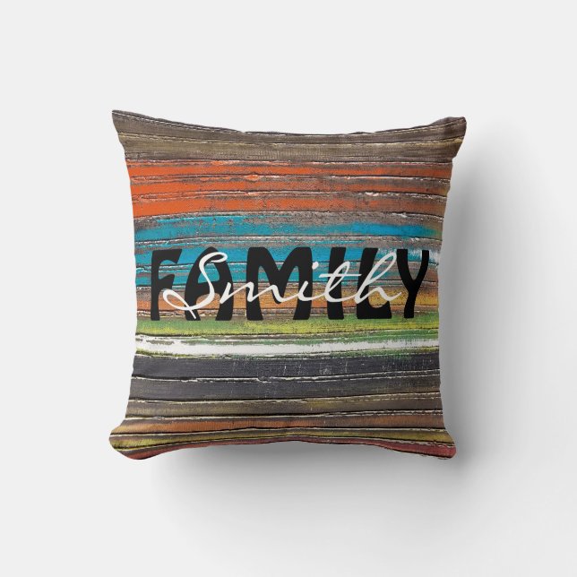 family name on wood stripes throw pillow (Front)