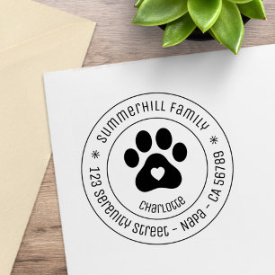 Family Name Pet Paw Print Round Address Rubber Stamp