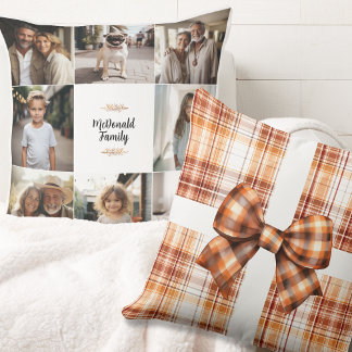 Family Name Photo Christmas Vintage Rustic Orange Throw Pillow