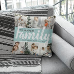 Family Name, Photo Collage & Quote Throw Pillow<br><div class="desc">Display this gorgeous photo collage pillow in your home with love and pride. Featuring 6 square photographs on the front, your family name and Quote that reads Family - Where life begins & love never ends'. This can be kept or customized. On the reverse is a larger picture that can...</div>