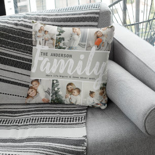 Family Name, Photo Collage & Quote Throw Pillow