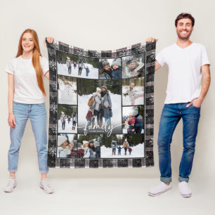 Family Name Photo Collage Winter Plaid Snowflakes Fleece Blanket
