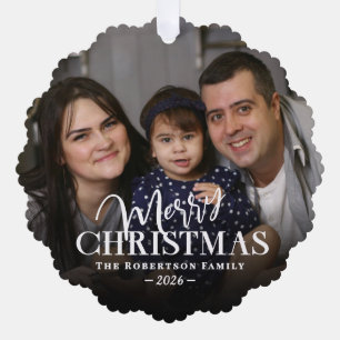 Family Name Photo Overlay Merry Christmas  Ornament Card