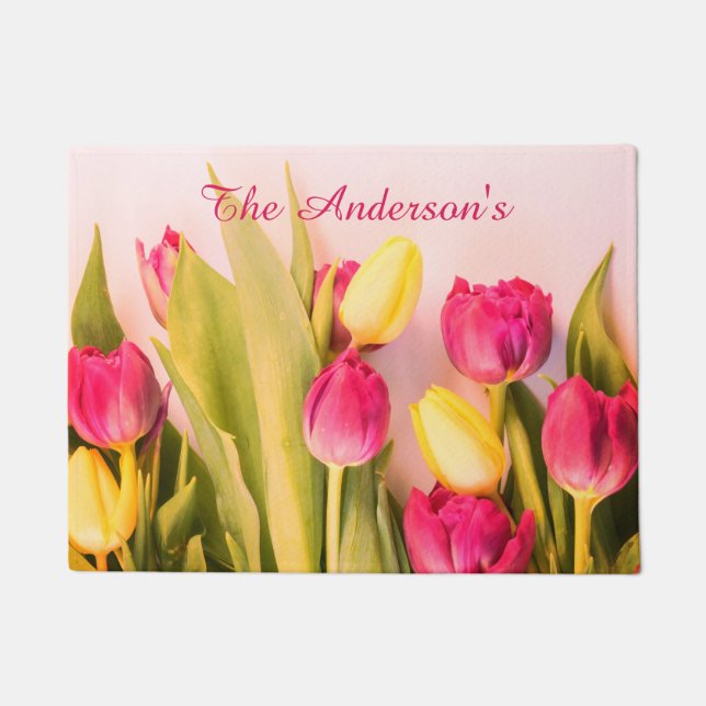 Family Name, Pink & Yellow Tulips Doormat (Front)