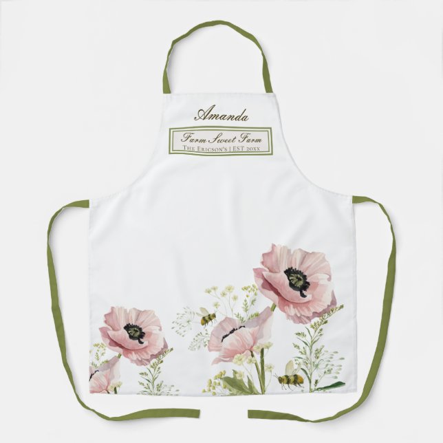 Family name poppies, wildflower, bees customizable apron (Front)