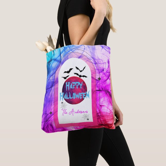 Family Name Purple Pink Bat Modern Happy Halloween Tote Bag (Close Up)