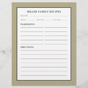 Family Name Recipe Insert   Sage Black & White
