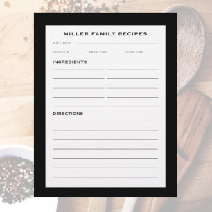 Family Name Recipe Insert Simple Black & White
