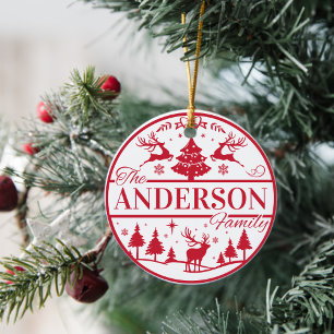 Family Name Red and White Classic Custom Christmas Ceramic Ornament